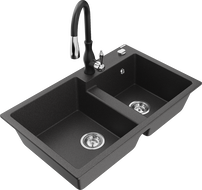 Mexen Tomas granitinis dviejų skyrių plautuvas su virtuviniu maišytuvu Savita, juodas taškuotas - 6516-76-672601-70