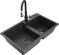 Mexen Tomas granito plautuvė 2 skyrių su virtuviniu maišytuvu Savita, juoda marginta - 6516-76-672601-70-B