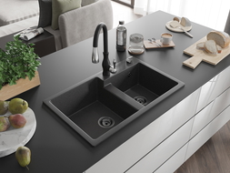 Mexen Tomas granito plautuvė 2 skyrių su virtuviniu maišytuvu Savita, juoda marginta - 6516-76-672601-70-B