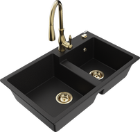 Mexen Tomas granitinis plautuvės su dviem kameromis ir virtuviniu maišytuvu Savita, juodas - 6516-77-672601-50