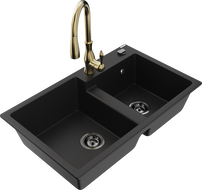 Mexen Tomas granitinis dviejų skylių virtuvės plautuvas su virtuvės maišytuvu Savita, juodas - 6516-77-672601-50-B