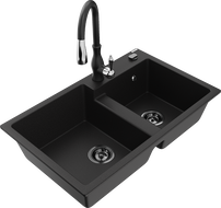 Mexen Tomas granitinė dviejų skyrių plautuvė su virtuviniu maišytuvu Savita, juoda - 6516-77-672601-70-B