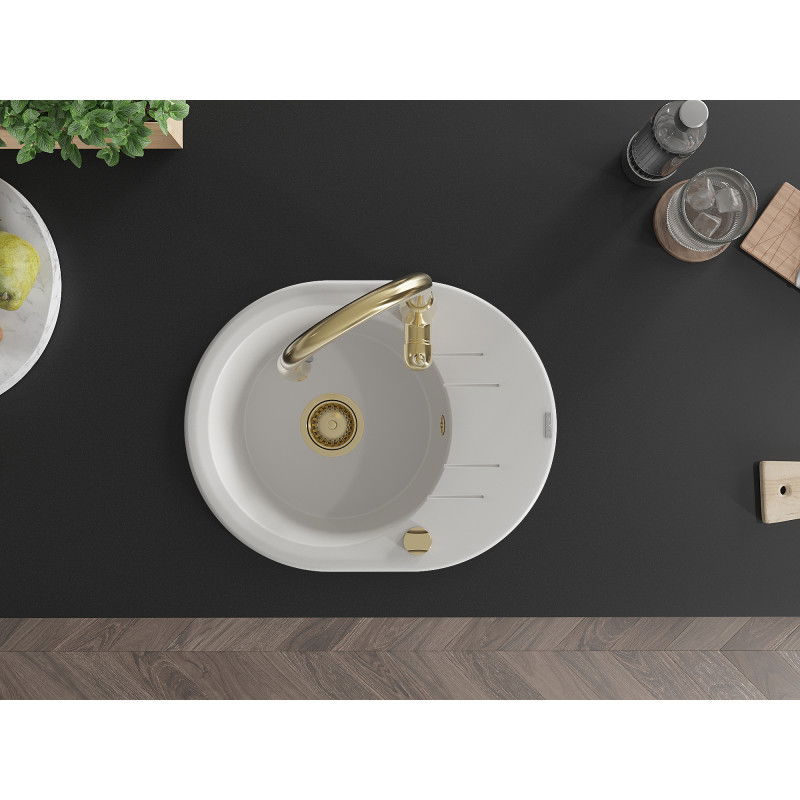 Mexen Kevin granito plautuvė vienos kameros su drenažu ir virtuviniu maišytuvu Savita, balta - 6517-20-672601-50