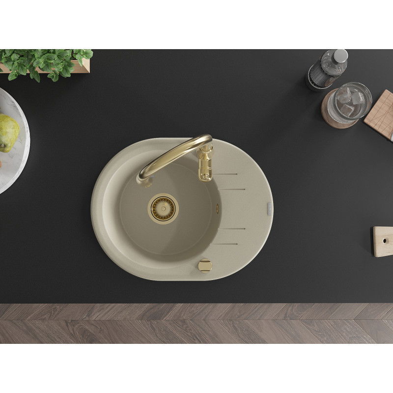 Mexen Kevin granitinė vienos kameros plautuvė su lašintuvu ir virtuvės maišytuvu Savita, smėlio spalvos