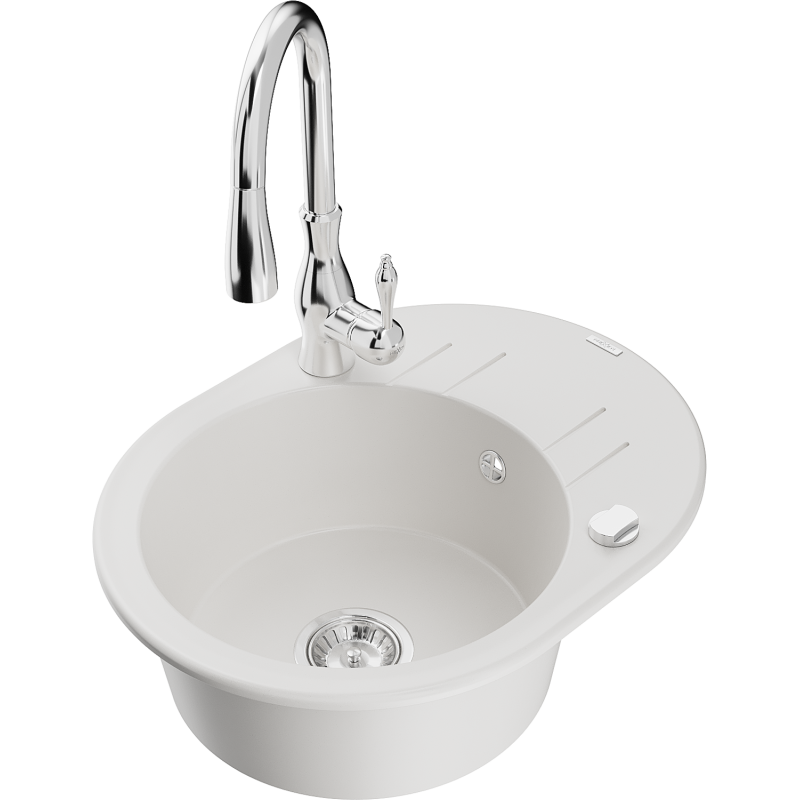 Mexen Kevin granitinė vienos sekcijos plautuvė su nutekėjimu ir virtuviniu maišytuvu Savita, balta - 6517-20-672601-00