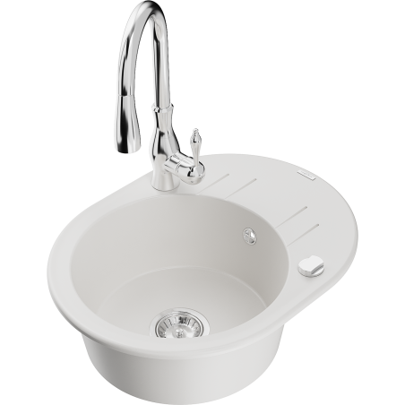 Mexen Kevin granitinė vienos sekcijos plautuvė su nutekėjimu ir virtuviniu maišytuvu Savita, balta - 6517-20-672601-00