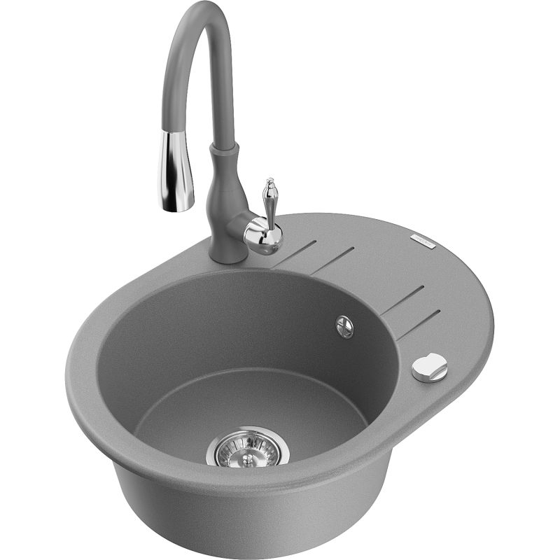 Mexen Kevin vieno dubens granitinė plautuvė su džiovykla ir virtuviniu maišytuvu Savita, pilka - 6517-71-672601-71