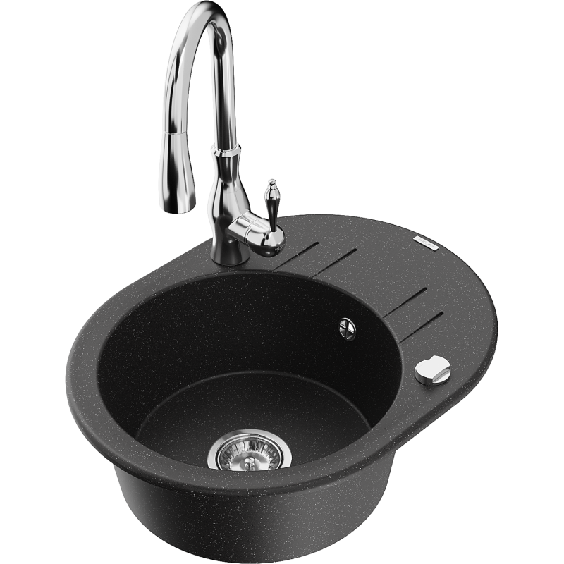 Mexen Kevin 1-komorinis granito kriauklė su lentyna ir virtuvės maišytuvu Savita, juoda/sidabrinė metalo spalva