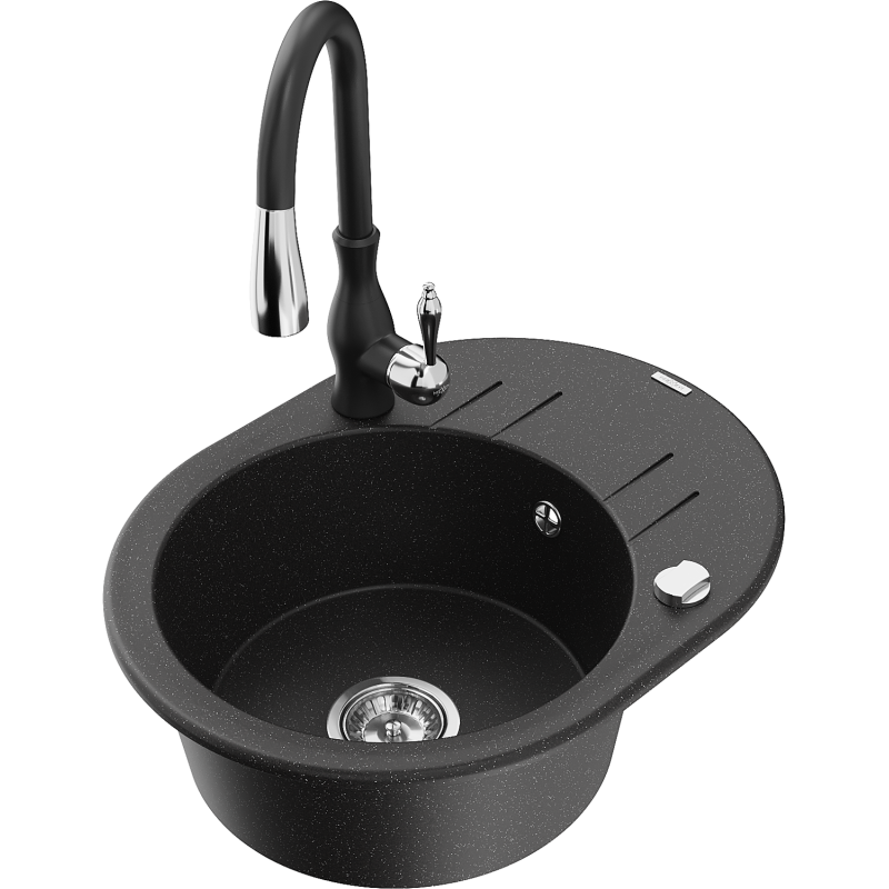 Mexen Kevin granitinė vienos plautuvės plautuvė su nusausintuvu ir virtuviniu maišytuvu Savita, juodo/sidabrinio metalo