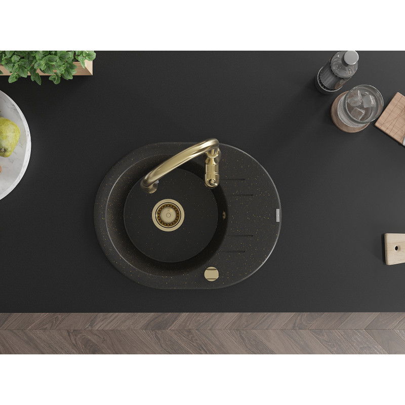 Mexen Kevin vienos kameros granitinė kriauklė su nusausintuvu ir virtuviniu maišytuvu Savita, juodos/auksinės metaliko