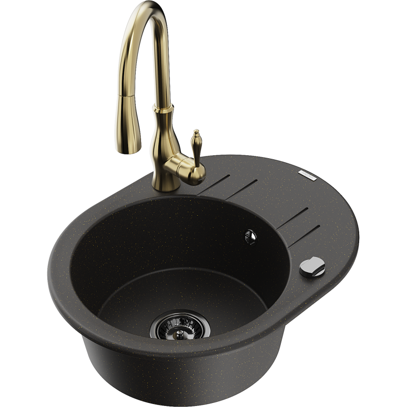 Mexen Kevin granitinė vienos kameros kriauklė su nutekėjimu ir Savita virtuvės maišytuvu, juodas/auksinis metalikas