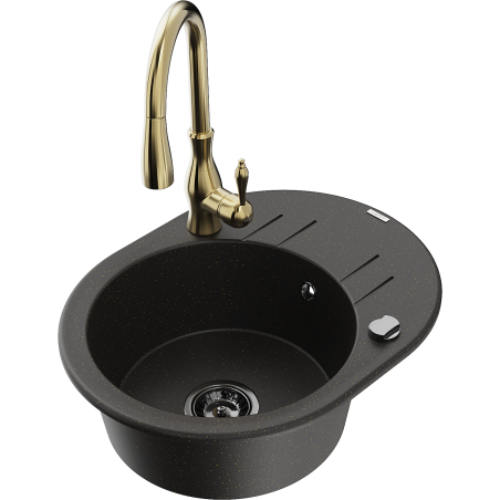 Mexen Kevin granitinė vienos kameros kriauklė su nutekėjimu ir Savita virtuvės maišytuvu, juodas/auksinis metalikas