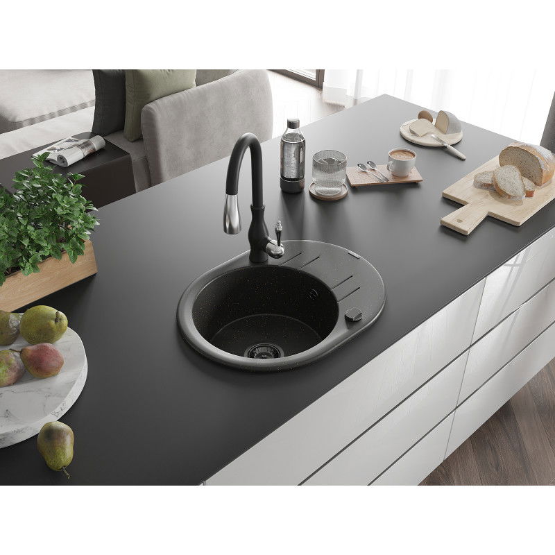 Mexen Kevin granitinė vienos kameros plautuvė su nusausinimu ir virtuviniu maišytuvu Savita, juoda/auksinis metalikas