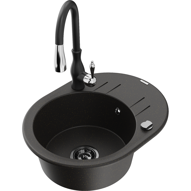 Mexen Kevin granitinė vienos kameros plautuvė su nusausinimu ir virtuviniu maišytuvu Savita, juoda/auksinis metalikas