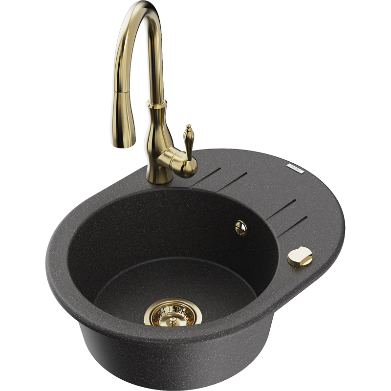 Mexen Kevin granitinė vienos plautuvės kriauklė su nutekėjimu ir virtuviniu maišytuvu Savita, juoda aptaškyta