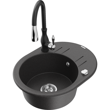 Mexen Kevin granitinė vienos kameros kriauklė su drenažu ir virtuvės maišytuvu Savita, juoda su speisylais