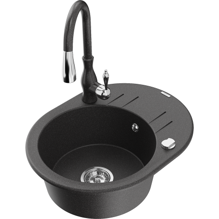 Mexen Kevin granitinė vienos kameros kriauklė su nutekamu ir virtuviniu maišytuvu Savita, juoda su dėmelėmis