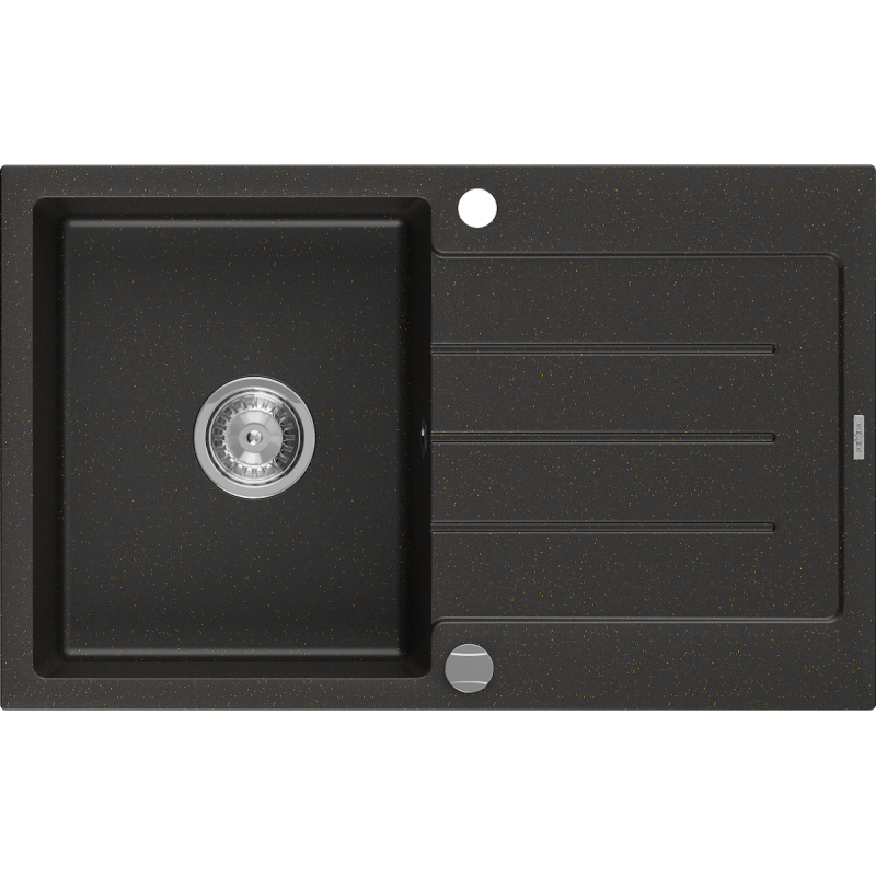 Mexen Bruno granitinė vienos kameros plautuvė su nubėgimu 795 x 495 mm, juoda/aukso metalo spalva, chromuotas sifonas