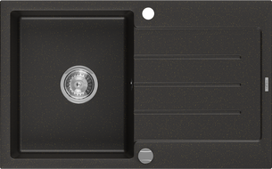 Mexen Bruno granitinė vienos kameros plautuvė su nubėgimu 795 x 495 mm, juoda/aukso metalo spalva, chromuotas sifonas