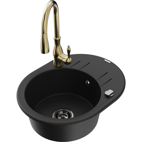 Mexen Kevin granitinė vienos dubens kriauklė su nuvarvėjimo zona ir virtuviniu maišytuvu Savita, juoda - 6517-77-672601-50-B