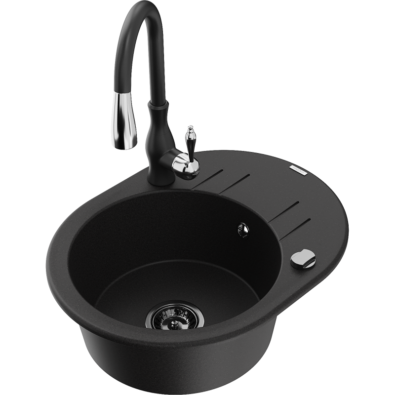 Mexen Kevin vienos kameros granitinė plautuvė su nuvarvėjimu ir virtuviniu maišytuvu Savita, juoda - 6517-77-672601-70-B