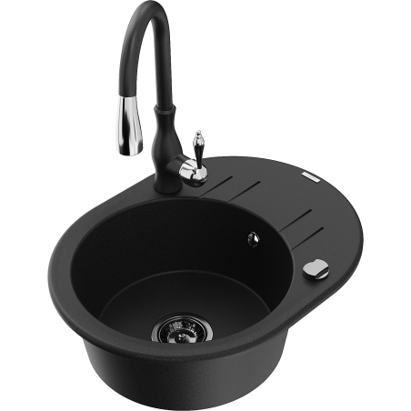 Mexen Kevin vienos kameros granitinė plautuvė su nuvarvėjimu ir virtuviniu maišytuvu Savita, juoda - 6517-77-672601-70-B