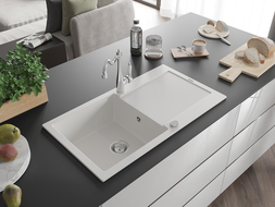 Mexen Leo granitinis vienos sekcijos plautuvė su nusausintuvu ir virtuviniu maišytuvu Carla, baltas - 6501-20-670700-00