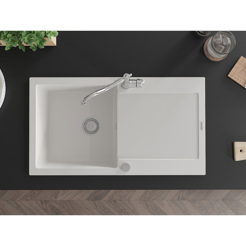 Mexen Leo granitinis vienos sekcijos plautuvė su nusausintuvu ir virtuviniu maišytuvu Carla, baltas - 6501-20-670700-00