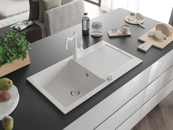 Mexen Leo vienos kameros granitinė plautuvė su nusausinimo zona ir virtuviniu maišytuvu Carla, balta - 6501-20-670700-20