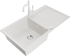 Mexen Leo vienos kameros granitinė plautuvė su nusausinimo zona ir virtuviniu maišytuvu Carla, balta - 6501-20-670700-20