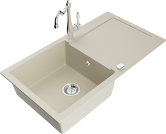 Mexen Leo granitinė vienaaukštė kriauklė su drenažu ir virtuvės maišytuvu Carla, smėlio - 6501-69-670700-00