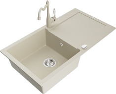 Mexen Leo granitinė vienos kameros kriauklė su nusausintuvu ir virtuviniu maišytuvu Carla, smėlio spalvos