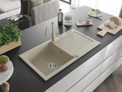 Mexen Leo granitinė vienos kameros kriauklė su nusausintuvu ir virtuviniu maišytuvu Carla, smėlio spalvos