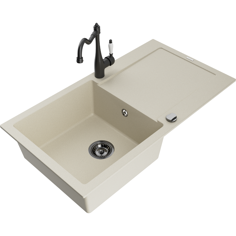 Mexen Leo granitinis vienos plautuvės kriauklė su nusausintuvu ir virtuviniu čiaupu Carla, smėlinis - 6501-69-670700-70