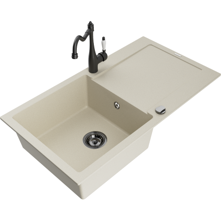 Mexen Leo granitinis vienos plautuvės kriauklė su nusausintuvu ir virtuviniu čiaupu Carla, smėlinis - 6501-69-670700-70