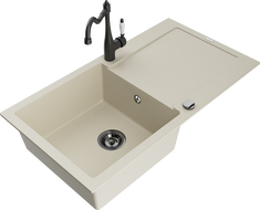 Mexen Leo granitinis vienos plautuvės kriauklė su nusausintuvu ir virtuviniu čiaupu Carla, smėlinis - 6501-69-670700-70