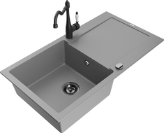 Mexen Leo granito plautuvė su 1 skyriumi ir nutekėjimo lentyna bei virtuviniu maišytuvu Carla, pilka - 6501-71-670700-70-B