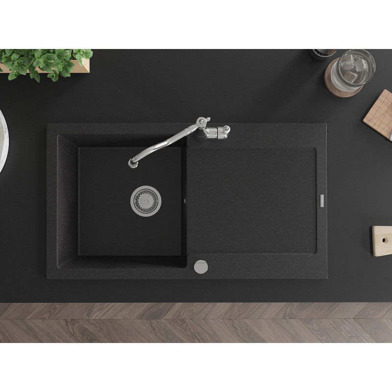 Mexen Leo granitinė vienos kameros plautuvė su nusausintuvu ir virtuviniu maišytuvu Carla, juodos/sidabrinės metaliko