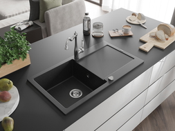 Mexen Leo granitinė vienos kameros plautuvė su nusausintuvu ir virtuviniu maišytuvu Carla, juodos/sidabrinės metaliko