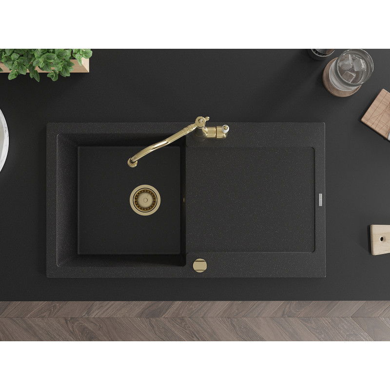 Mexen Leo granitinė vienos kameros virtuvės plautuvė su nusausintuvu ir virtuviniu maišytuvu Carla, juodas/sidabrinis
