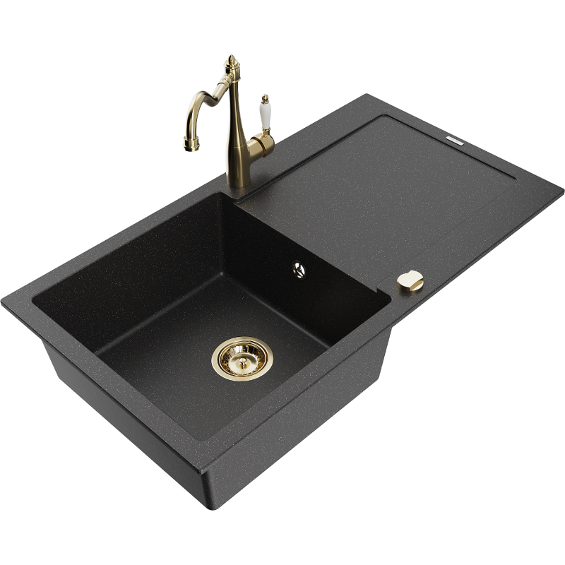 Mexen Leo granitinė vienos kameros virtuvės plautuvė su nusausintuvu ir virtuviniu maišytuvu Carla, juodas/sidabrinis