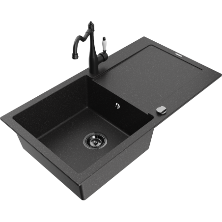 Mexen Leo granito plautuvė su viena kamera ir nusausintuvu bei virtuviniu maišytuvu Carla, juoda/sidabro metalikas