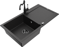 Mexen Leo granito plautuvė su viena kamera ir nusausintuvu bei virtuviniu maišytuvu Carla, juoda/sidabro metalikas