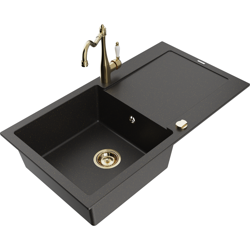 Mexen Leo 1 skyriuas granitinis plautuvės komplektas su nusausintuvu ir virtuviniu maišytuvu Carla, juoda/aukso metalikas