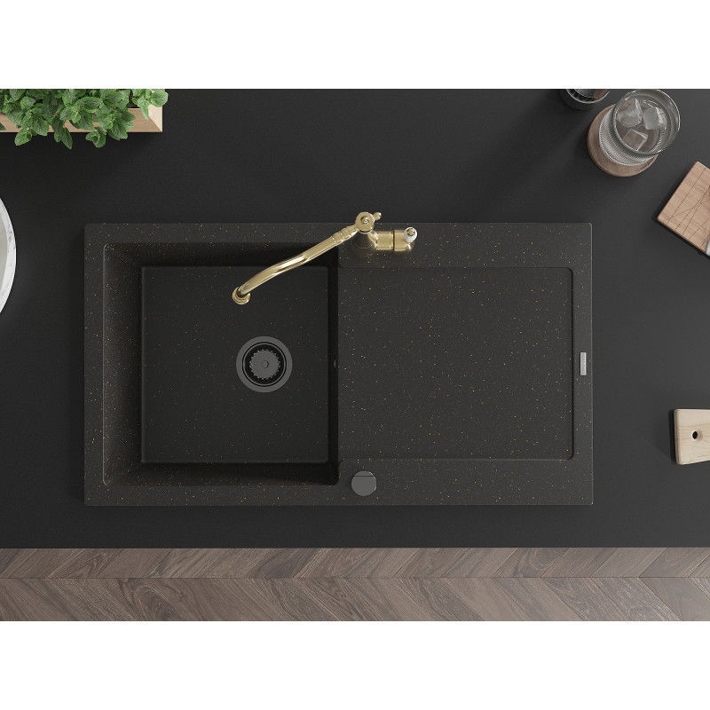 Mexen Leo 1-komorinis granito plautuvas su nusausintuvu ir virtuviniu maišytuvu Carla, juodas/auksinis metalikas