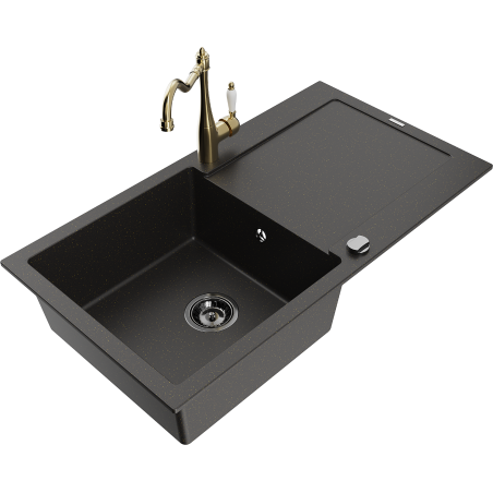 Mexen Leo 1-komorinis granito plautuvas su nusausintuvu ir virtuviniu maišytuvu Carla, juodas/auksinis metalikas