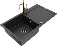 Mexen Leo 1-komorinis granito plautuvas su nusausintuvu ir virtuviniu maišytuvu Carla, juodas/auksinis metalikas