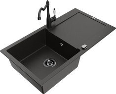 Mexen Leo granito plautuvė 1 skyrelio su drenažu ir virtuviniu maišytuvu Carla, juoda/auksinė metalika - 6501-75-670700-70-B