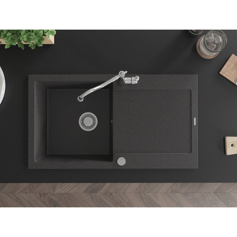 Mexen Leo granitinė viengubos kameros kriauklė su drenažu ir virtuviniu maišytuvu Carla, juoda su taškeliais