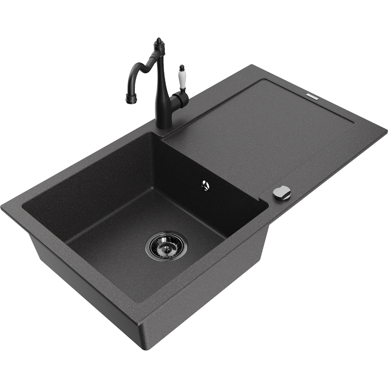 Mexen Leo granito plautuvė su viena kamera, nuotekamu ir virtuvės čiaupu Carla, juoda su dėmėmis - 6501-76-670700-70-B